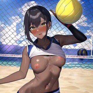 nsfw, highly detailed, 1girl, dark skin, busty, crop top playing volley bal...