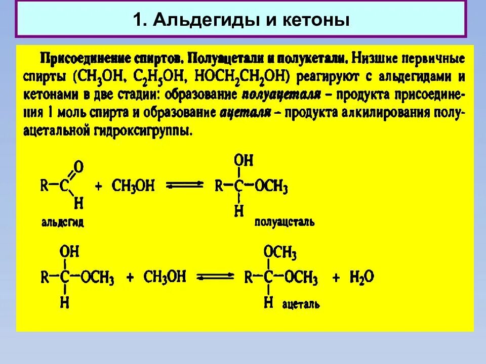 Взаимодействие кетонов с водой. Присоединение спиртов к кетонам. Присоединение спиртов к альдегидам. Алкилирование кетонов.