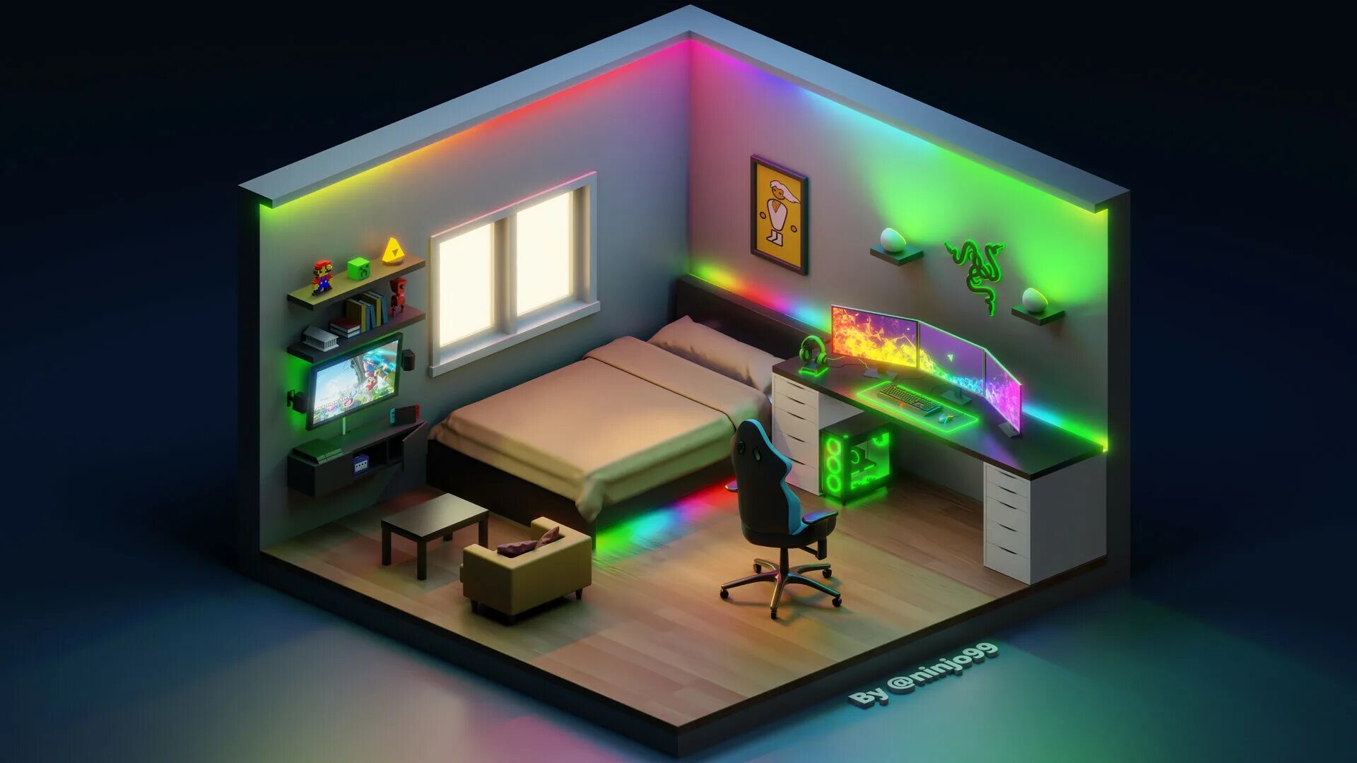 3d isometric Room гейминг. Комната с подсветкой. Комната с компом. 3д комната. 8 in my room