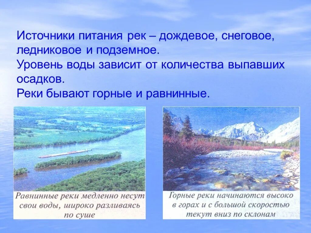 Река является источником воды. Источники питания рек. Источник реки. Питание рек презентация. Снеговое и дождевое питание рек.