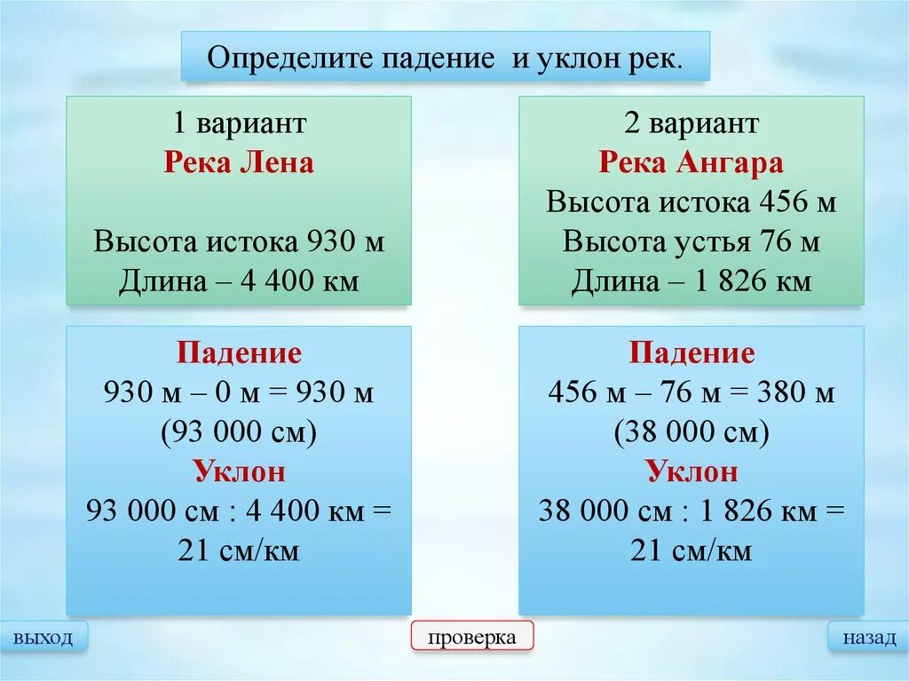 Река Лена падение реки уклон реки. Как рассчитать падение реки. Падение и уклон реки Лена. Как найти падение и уклон реки. Внутренние воды вариант 1