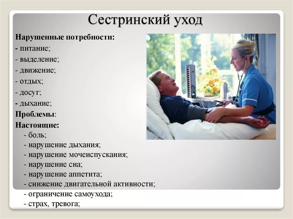 Через сколько у больного. Сестринский процесс нарушенные потребности. Сестринские проблемы пациента. Сестринский уход за пациентами. Потребности пациента в сестринском процессе.