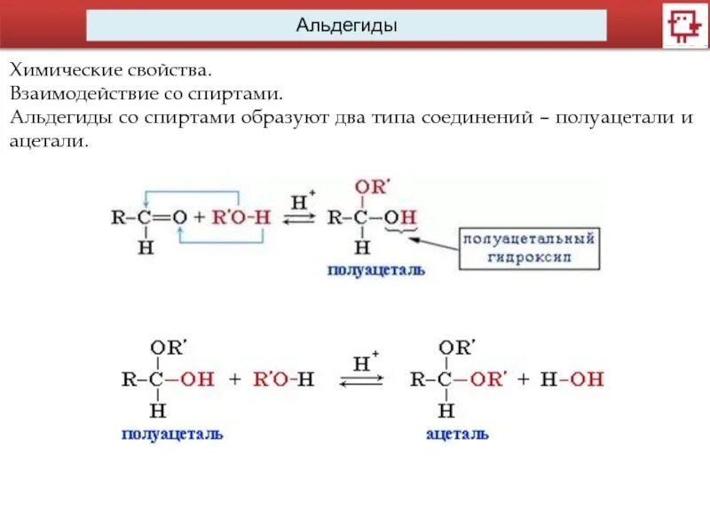 Реакция взаимодействия альдегидов со спиртами. Взаимодействие альдегидов со спиртами.