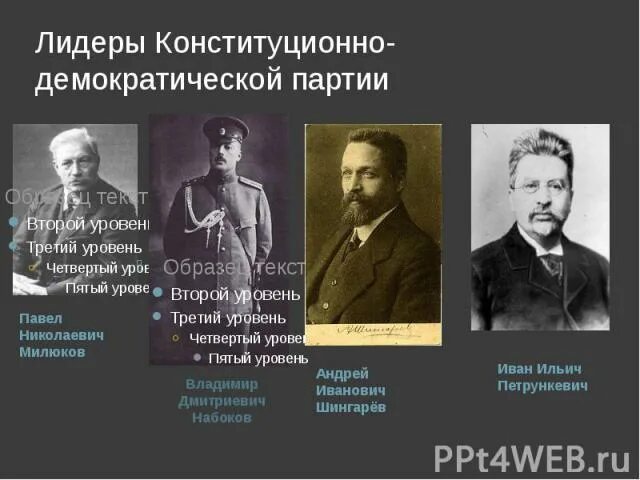 Политические течения движения партии. Лидеры конституционно-демократической партии 1905. иван ильич петрункевич. лидеры партии милюков шингарев. конституционно-демократическая партия лидер набоков.
