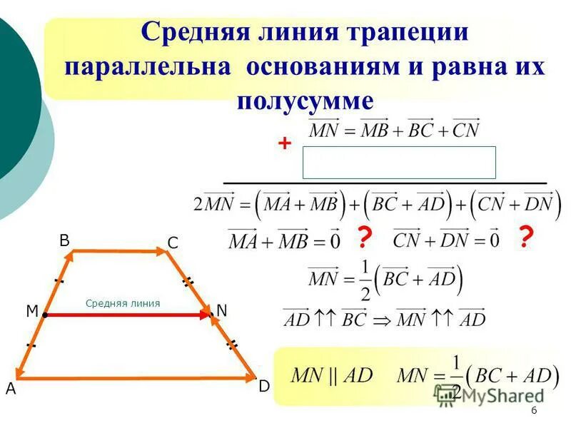 Средняя линия трапеции через окружность. Сред линия трапеции формула.