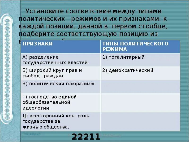 Установите соответствие между признаками и видами