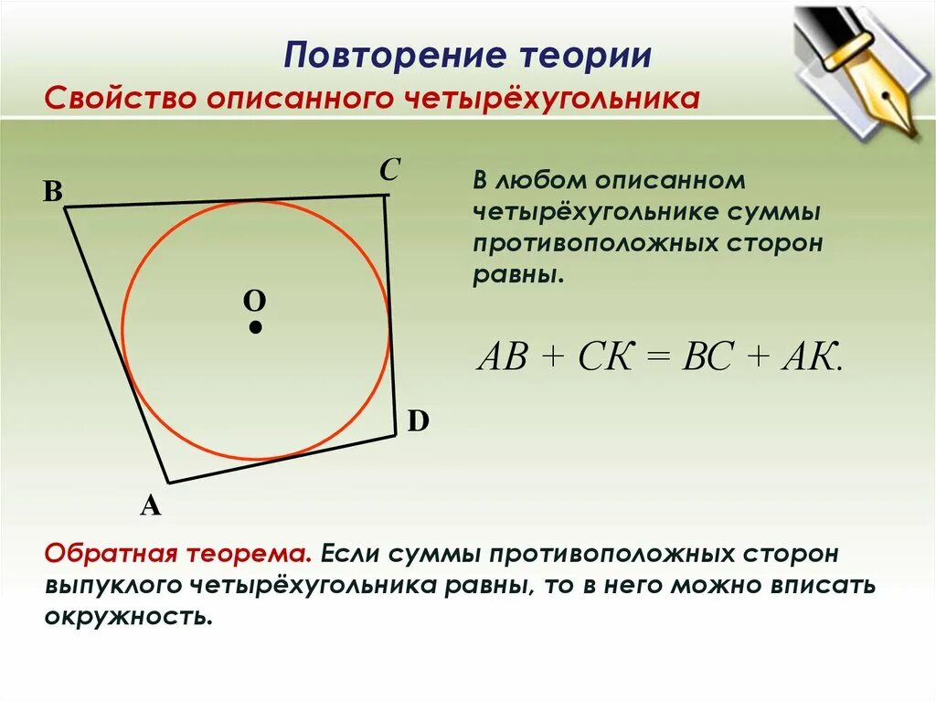 Суммы противолежащих сторон равны