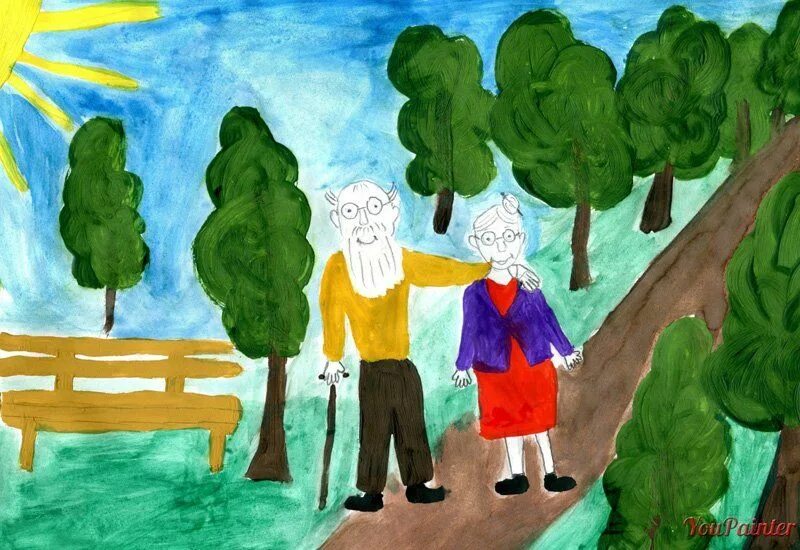 Рисунок пожилого человека 4 класс. Дедушка и бабушка рисование. Детские рисунки бабушки и дедушки. Рисунок ко Дню пожилого человека. Пожилые люди рисунки детские.