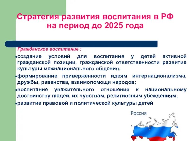 Развитие воспитания в современных условиях. Стратегия развития воспитания в Российской Федерации на период до 2025. Концепция воспитания в РФ до 2025 года. Направления стратегии развития воспитания. Основные направления развития воспитания.