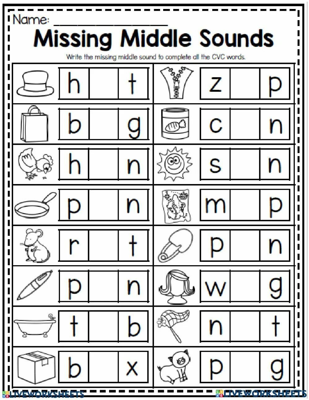 Complete the missing vowels. CVC missing Middle Sound Worksheets. Middle Sound Worksheets. CVC Middle Sound Worksheet. Missing Sounds Worksheets.