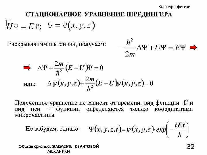 Стационарный физика. Оператор Гамильтона в уравнении Шредингера. Уравнение Шредингера через гамильтониан. Стационарное уравнение Шредингера. Стационарное и нестационарное уравнение Шредингера.