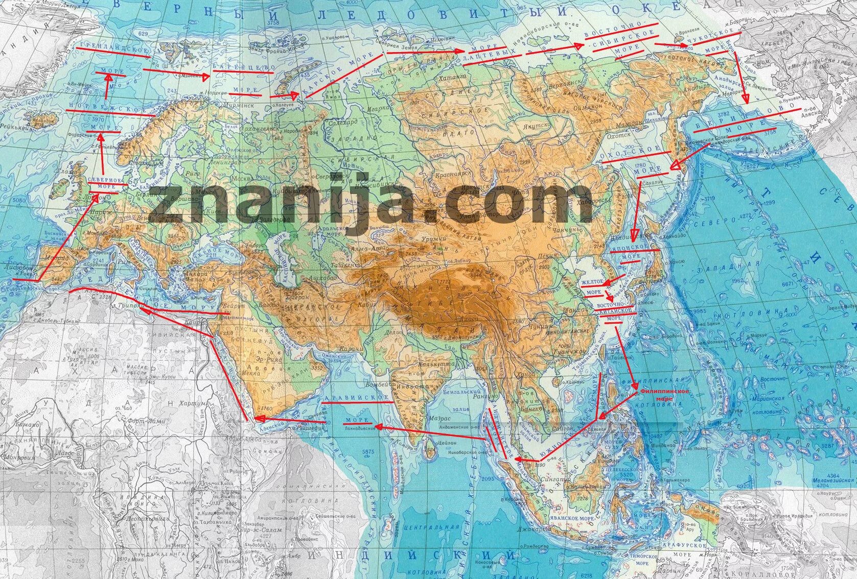 Какое море не омывает территорию евразии. Полуострова Евразии на карте. Моря океаны заливы проливы Евразии. Карта Евразии с заливами и проливами морями Океанами. Евразия моря заливы проливы острова полуострова.