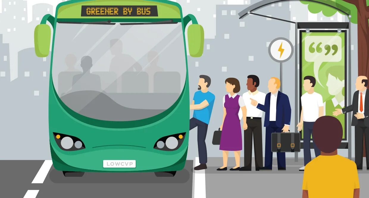Here come the bus. By bus автобусы. bus journey. by a bus или by bus. go to work by bus.