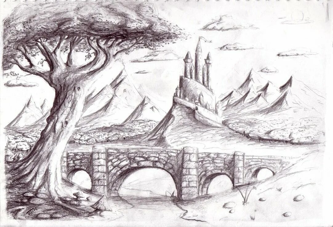 Рисунки мест. Природа карандашом. Фантастический пейзаж карандашом. Эскиз пейзажа. Рисунки карандашом природа.