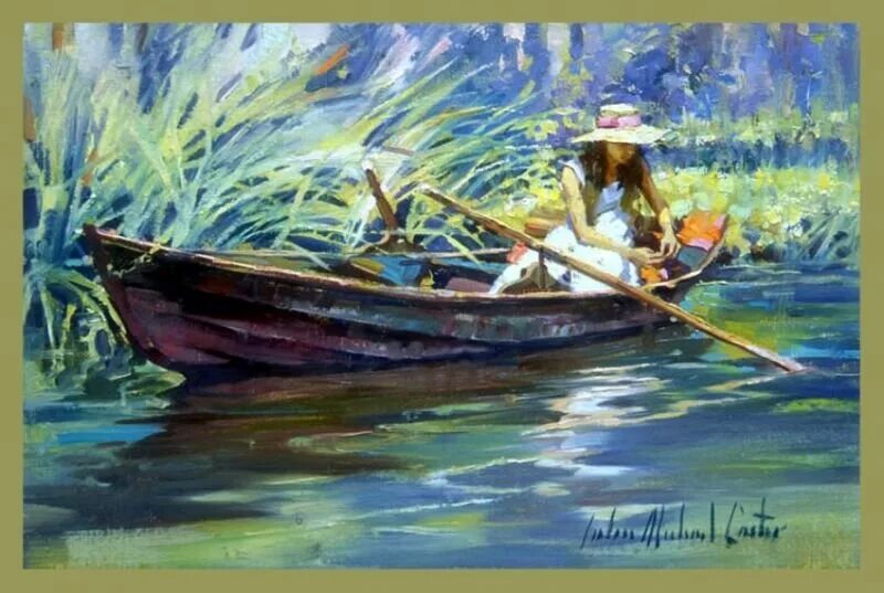 Паруса весел лодочки растения. Художник John Michael Carter. Девушка в лодке живопись. Двое в лодке живопись.