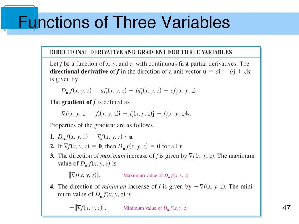 Directional derivative. Solving equation in three variables. Three variable System equals. Variadic functions.