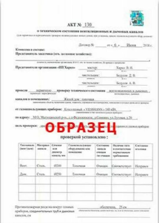 Форма акта проверок дымоходов