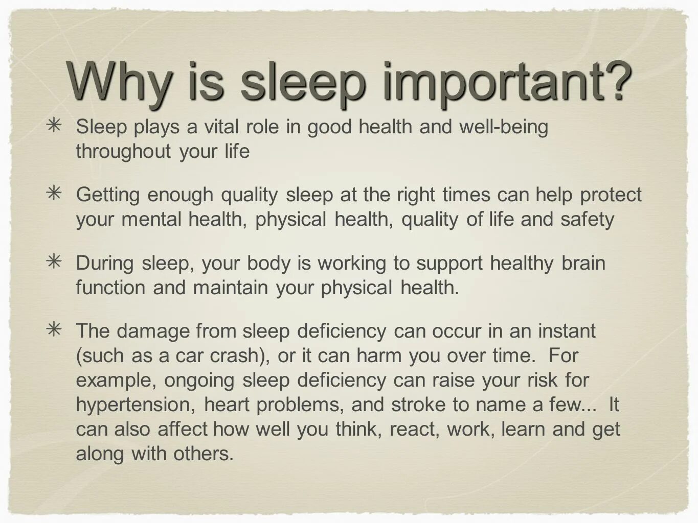 Why Sleep is important. Importance of Sleep. The importance of good Sleep:. Why is it important to Sleep well. Import sleep