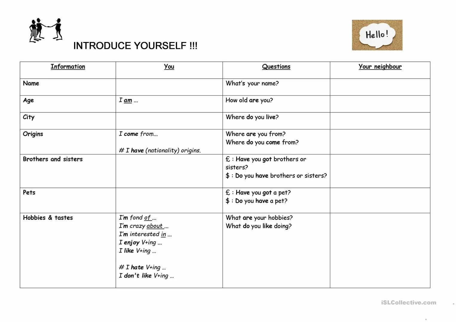 Introduce yourself Worksheet. Questions to introduce yourself. ESL introduce yourself. Introducing yourself Elementary.