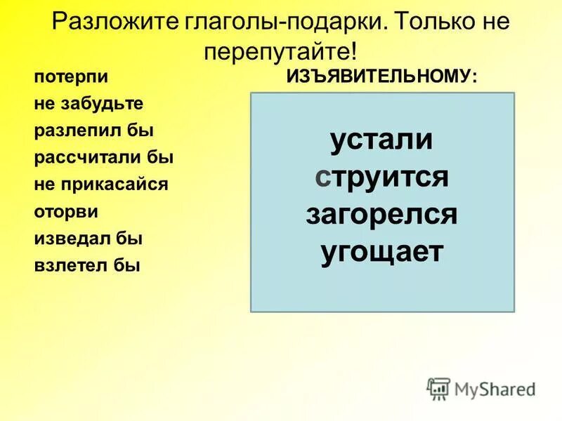 Урок условное наклонение глагола 6 класс. Разложите глаголы-подарки. Только не перепутайте!. Разложить глагол. Подарок глагол. Повелительные глаголы потерпи не забудьте оторви не прикасайся.