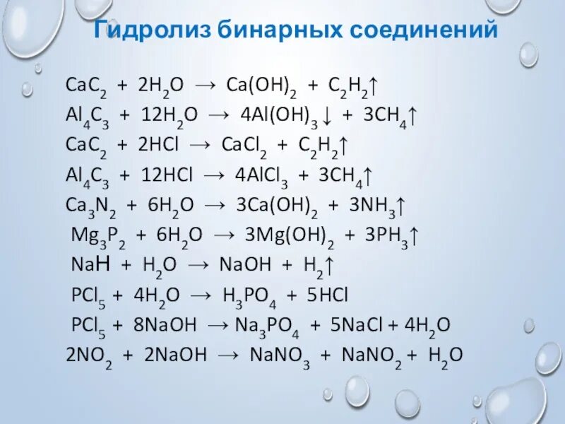 Hcl h cl реакция. Гидролиз бинарных соединений. Гидролиз бинарных веществ. Гидролиз бинарных соединений неметаллов. Cac2+h2o уравнение реакции.