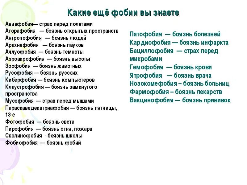 5 можно не бояться. Какие бывают страхи у человека список. Фобии список. Фобии человека список. Название фобий и их значение.