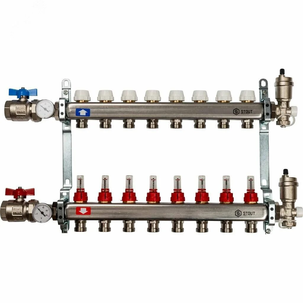 Коллекторная группа с расходомерами VIEIR (нерж) 4-вых. Vr113-04 с кранами. Коллекторная группа для отопления Stout. Коллектор с расходомерами Стаут 11. Коллекторный блок в сборе с расходомерами 1 5 выходов Стаут.