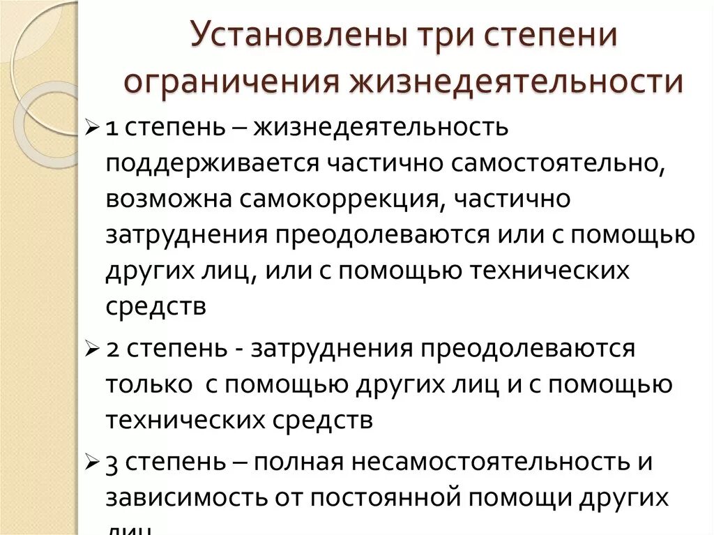 Группа три степени. Степени ограничения жизнедеятельности 1.2.3. Степени ограничения основных категорий жизнедеятельности. Ограничение жизнедеятельности. Степень ограничения способности к жизнедеятельности.