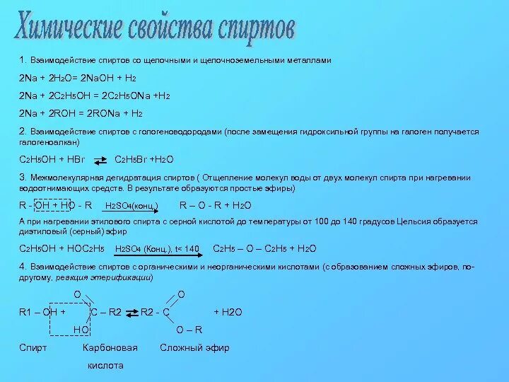 Химические свойства спиртов. Взаимодействие спиртов. Взаимодействие спиртов с щелочными и щелочноземельными металлами. Сложный эфир образуется при взаимодействии этанола с