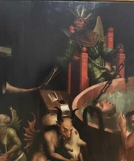 The Devil, presiding over the scene, sits on a throne that has been identif...