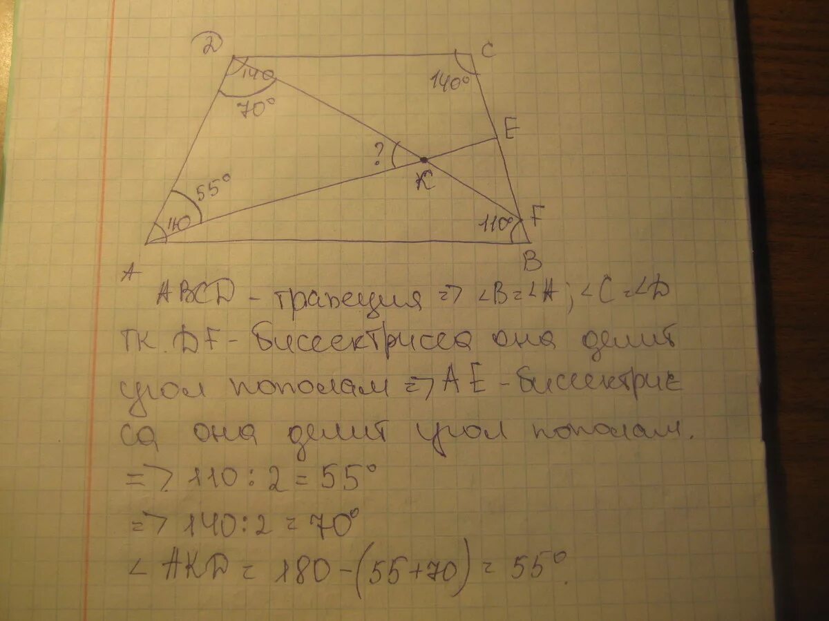 На боковой стороне сд. В равнобедренной трапеции с большим основанием ad биссектриса. Биссектрисы углов трапеции пересекаются в точке. Биссектрисы углов равнобедренной трапеции. В равнобедренной трапеции с большим основанием ad.