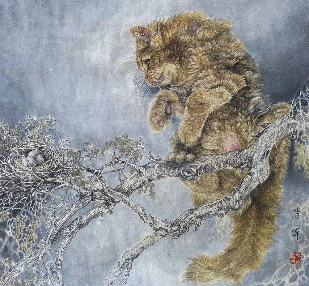 Художник изображающий животных 9. Художник xiao wei. сяо вэй художник. зимний сон кота вышивка. вышивка кот на заборе зимой.