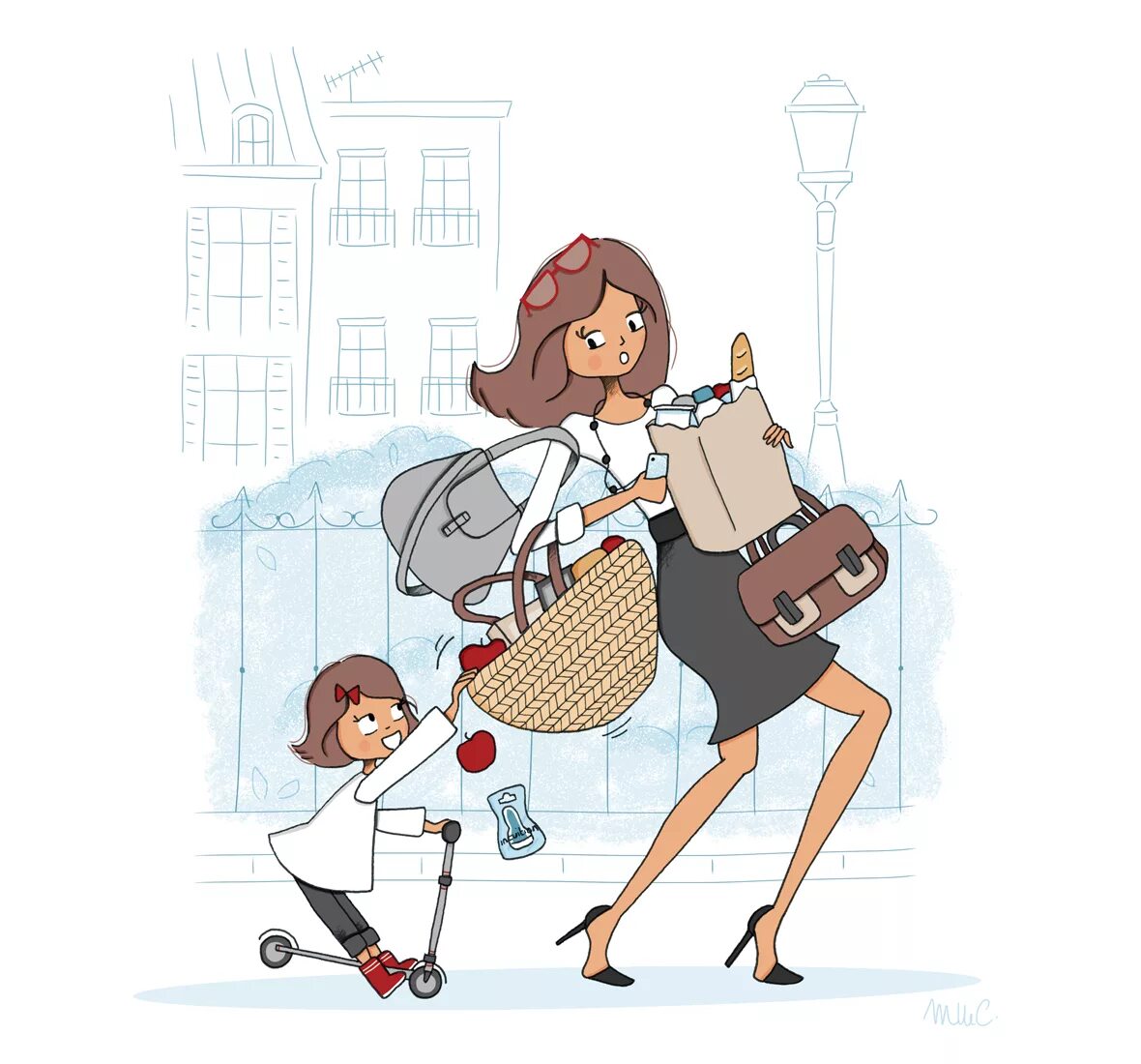 Стильные иллюстрации. Смешные иллюстрации. Женщина с ребенком и сумкой. Мама и ребенок иллюстрация.
