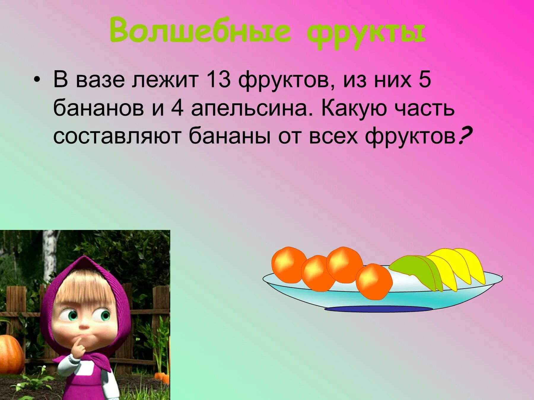 Проект яблоко Волшебный фрукт. В вазе лежит четыре апельсина. В вазе лежат 3 апельсина 4 банана. Маша 5 Клаас.