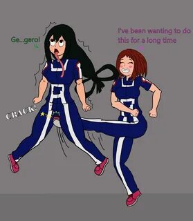 ochako uraraka, tsuyu asui, my hero academia, 2girls, blue clothing, brown ...