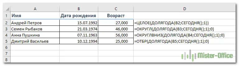 Формула вычисления в эксель возраста. Формула в эксель год рождения Возраст. Формула в экселе для расчета возраста. Возраст по дате рождения в excel.