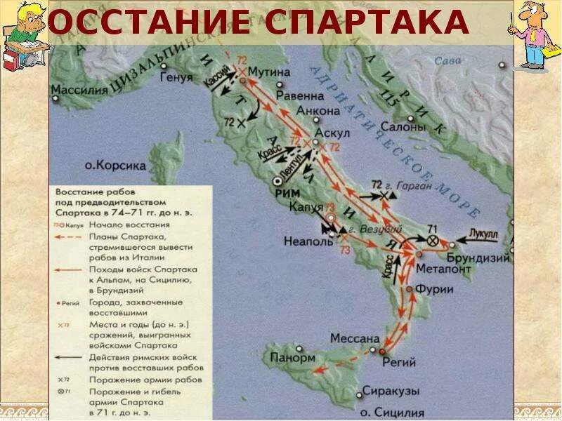 Восстание Спартака в древнем Риме карта. Восстание Спартака 74-71 гг до н.э. Восстание рабов под предводительством Спартака 74 71 гг до н э. Походы восставших Спартака 5 класс.