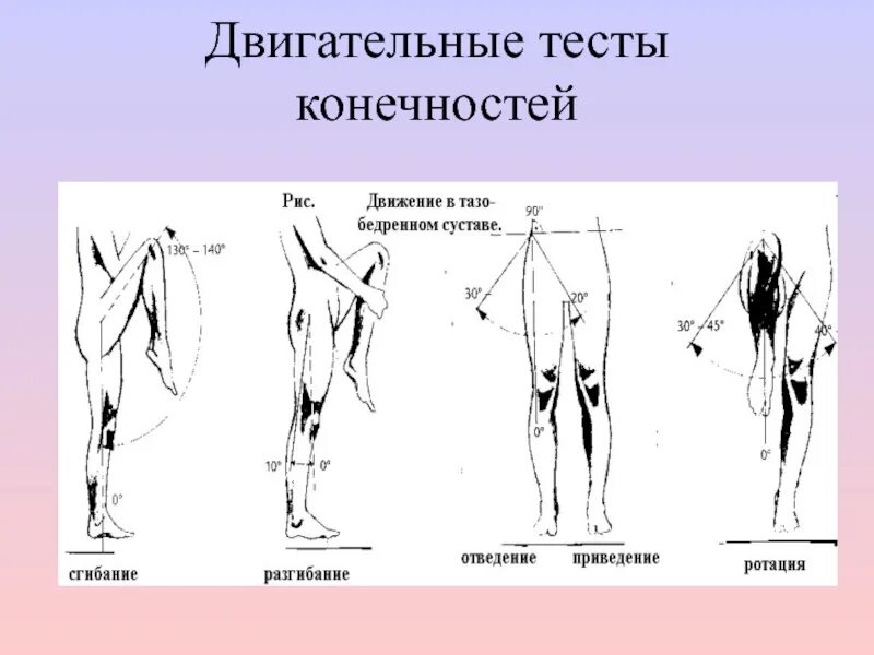 Тест двигательные способности. Двигательные тесты. Функциональные двигательные тесты. Основные двигательные тесты. Отведение и приведение конечностей.