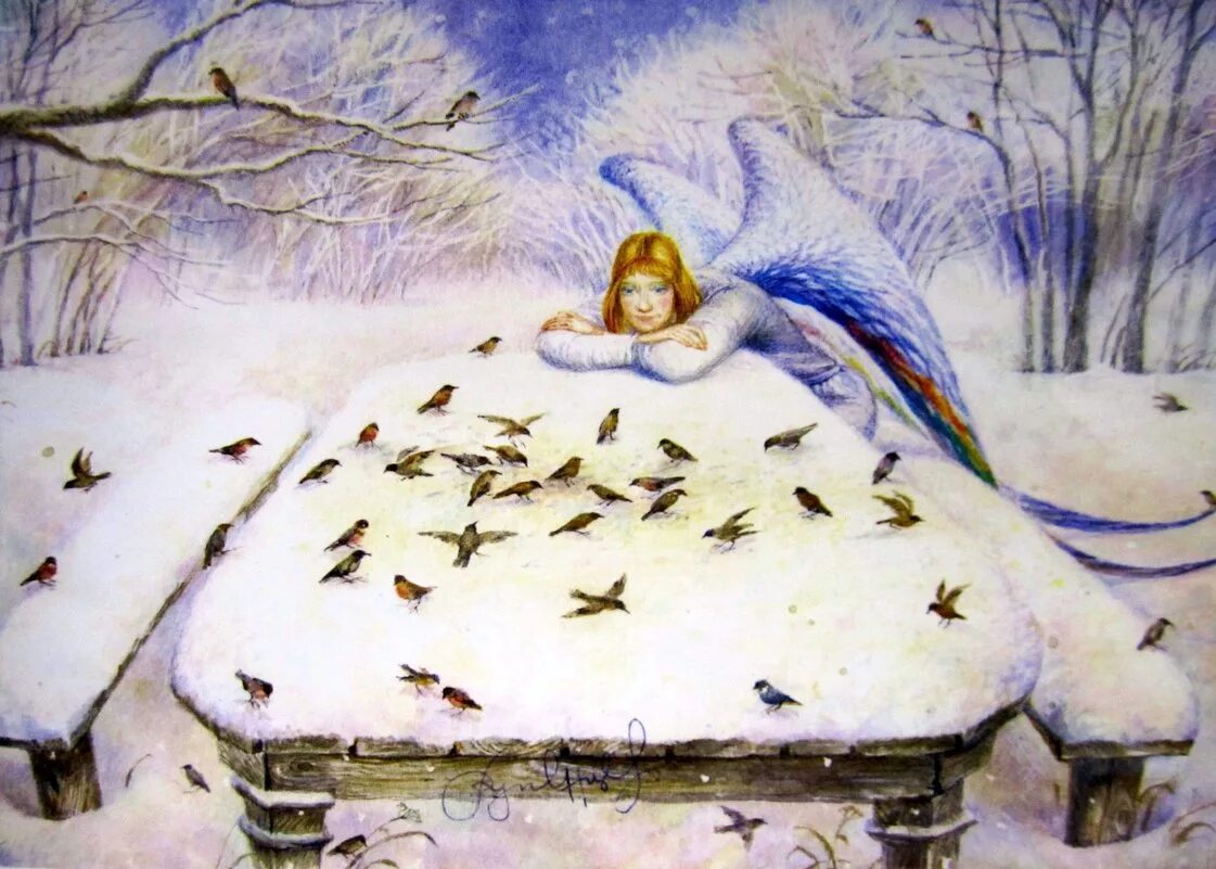 девушка - ангел. художник дона гелсингер ангелы. снежный ангел картина. художник liz goodrick-dillon. зимний ангел.