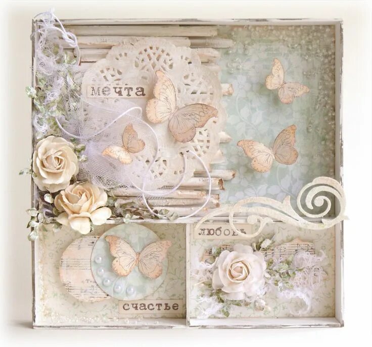 Разложить скрап богатства. «shabby chic». стиль скрапбукинг. шадоубокс шебби. скрапбукинг панно на стену. панно в стиле шебби шик.