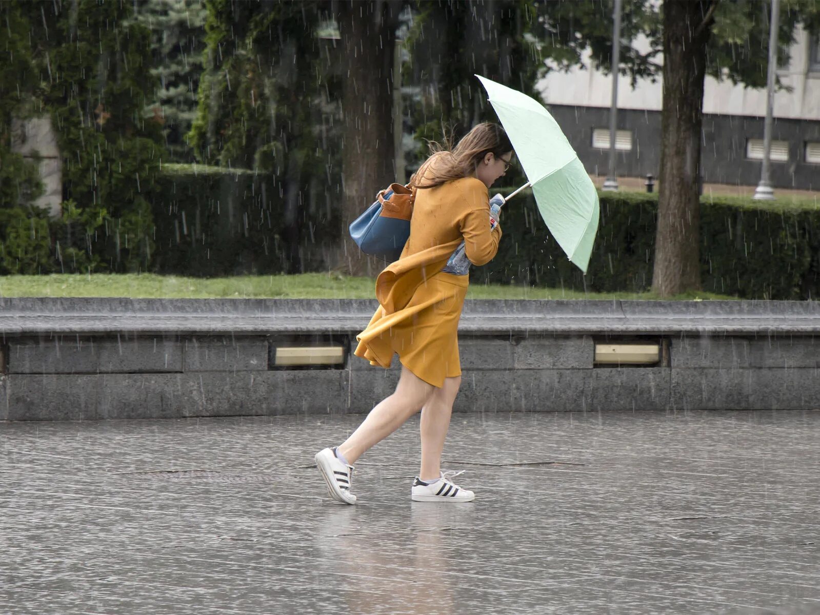 Сильный ветер и дождь. Девушка с зонтом. Ливень под зонтом. Девушка под дождем.