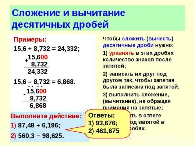 Арифметические действия с десятичными. Правила сложения десятичных дробей 6 класс. Сложение вычитание умножение и деление десятичных дробей. Как решать десятичные дроби вычитание. Вычитание десятичных дробей 6 класс.