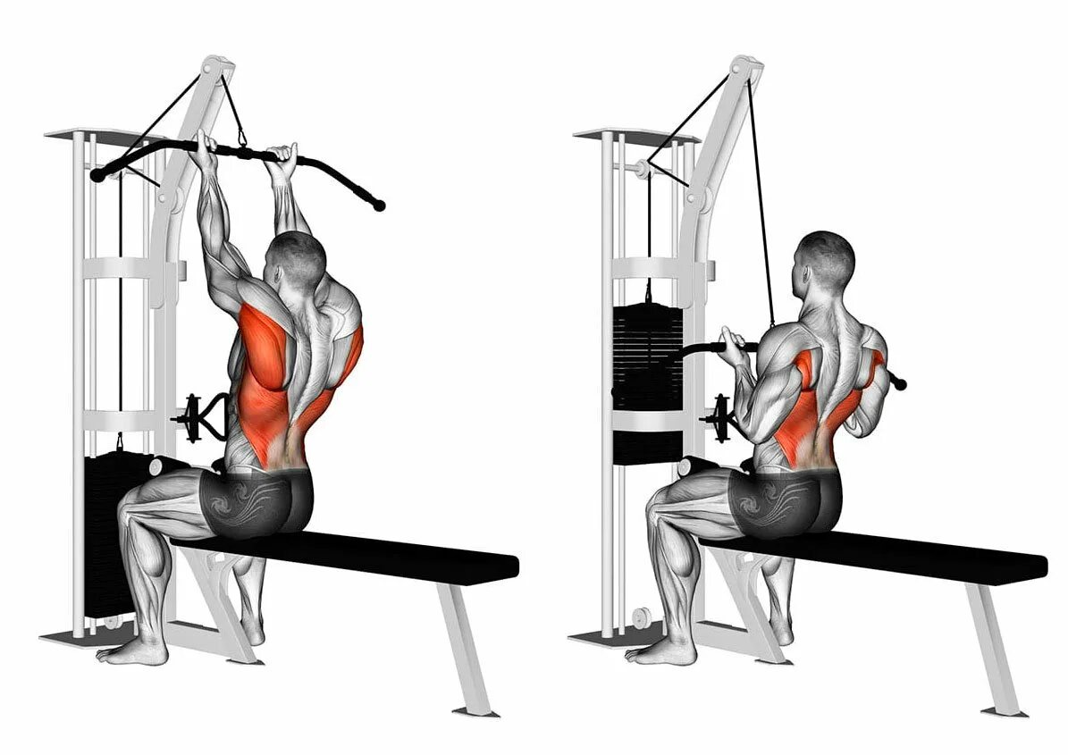 Тяга вертикального блока обратным хватом. Тяга верхнего блока обратным хватом. Тяга верхнего блока к грудной клетке обратным хватом. Вертикальная тяга обратным хватом в тренажере.