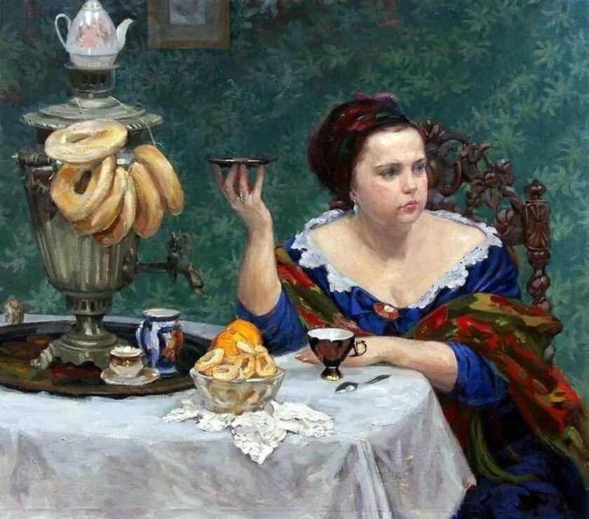 Богат е м творчество. Картины Анны Боганис . Чаепитие. Кустодиев Купчиха.