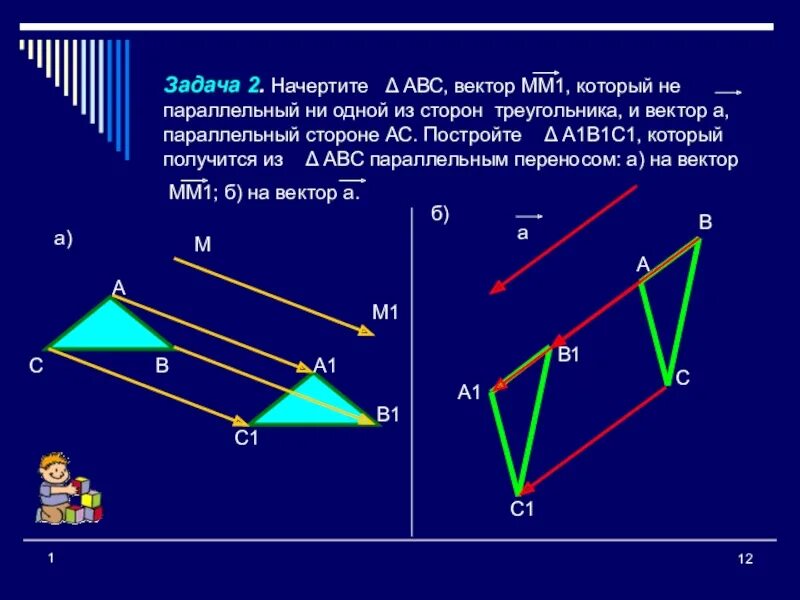 Параллельный перенос на вектор (1;1). Параллельный перенос на вектор геометрия 9 класс. Параллельный перенос треугольника. Параллельный перенос построение.