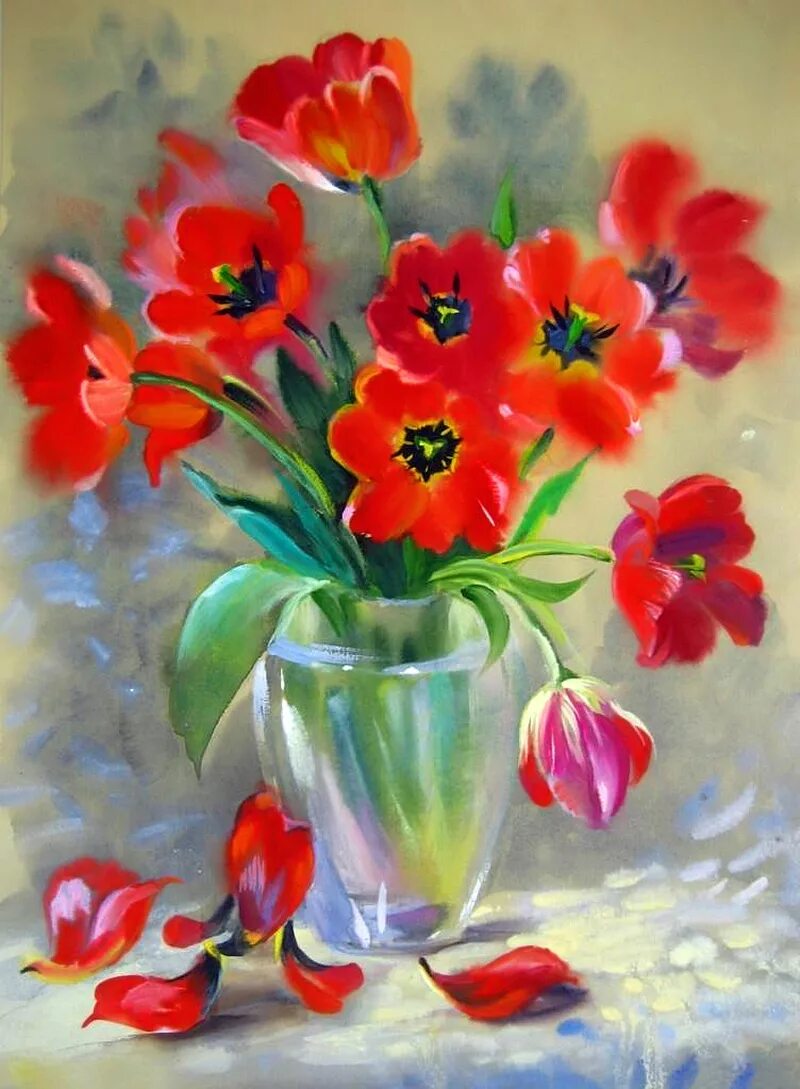 Тюльпаны акрилом и маслом. Левицкий юрий алексеевич. Элизабет роббинс тюльпаны картины. Живопись художника триша адамс. Натюрморт с цветами гуашью.
