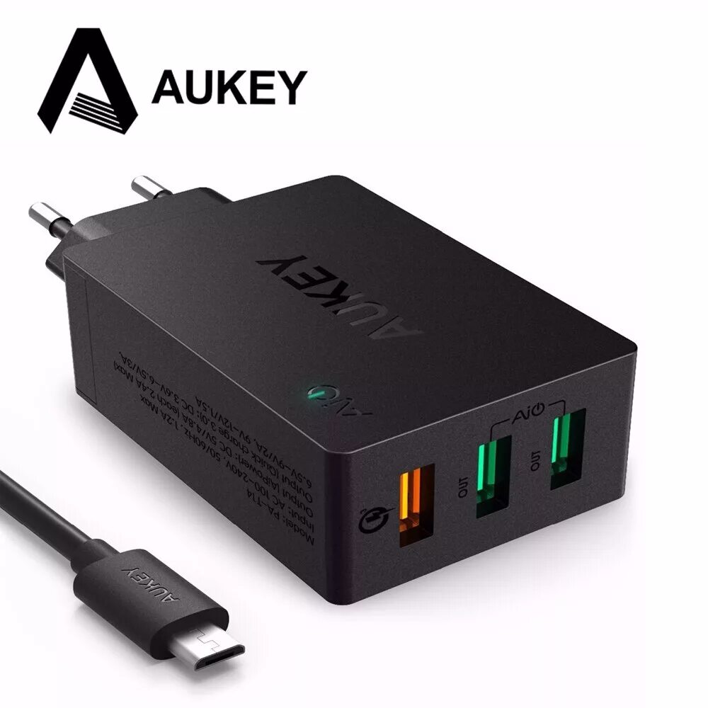 Автомобильная зарядка aukey cc-t7. 4a 2usb quick charge 3. 0 быстрая зарядка. Зарядное устройство quick charge. 0 18w.