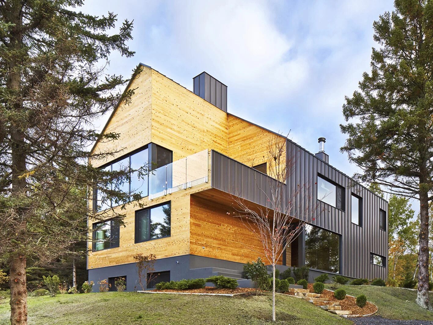 современные деревянные здания. дом шале камень/дерево в сосновом бору. современный деревянный. современный загородный дом. односкатная крыша honka.
