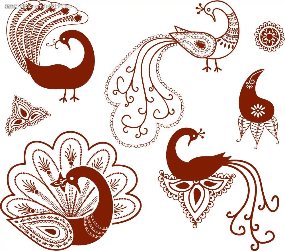 Индийская сказка птиц. Индийские орнаменты. Стилизованный орнамент. Животный орнамент. Индийский растительный орнамент.