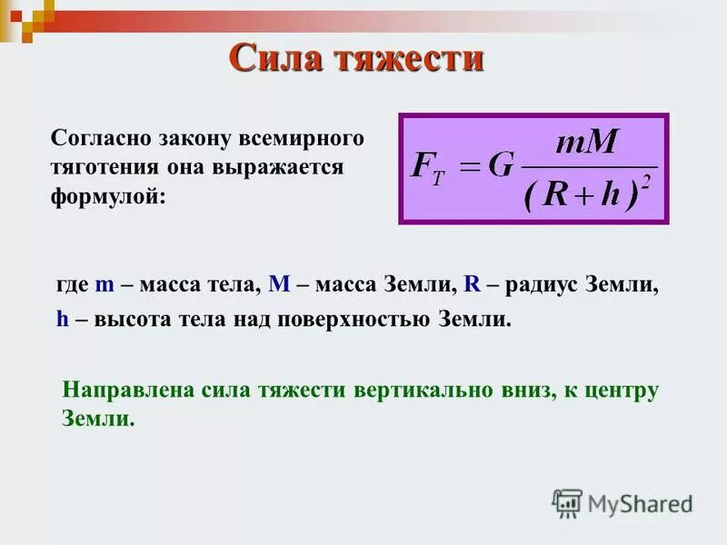 Сила притяжения формула